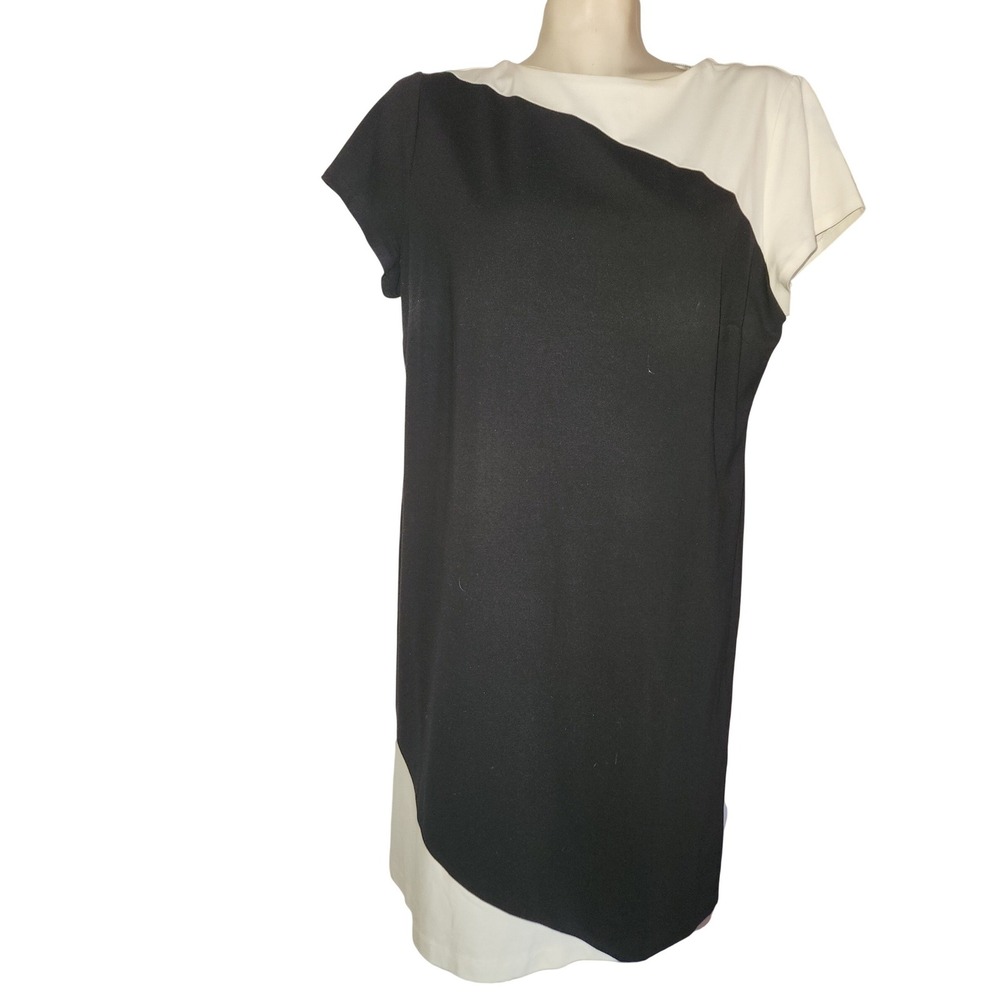 Black and‎ White Asymmetrical Colorblock Short Sleeve Shift Dress
Officecore